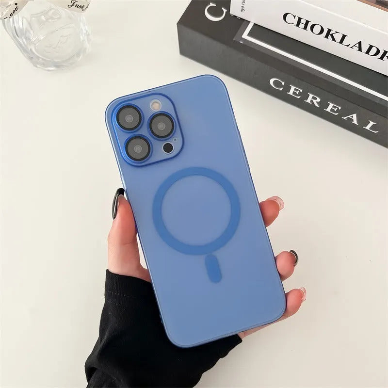 Ice Mist coloured frosted magnetic all-inclusive case for iPhone on a MagSafe charger