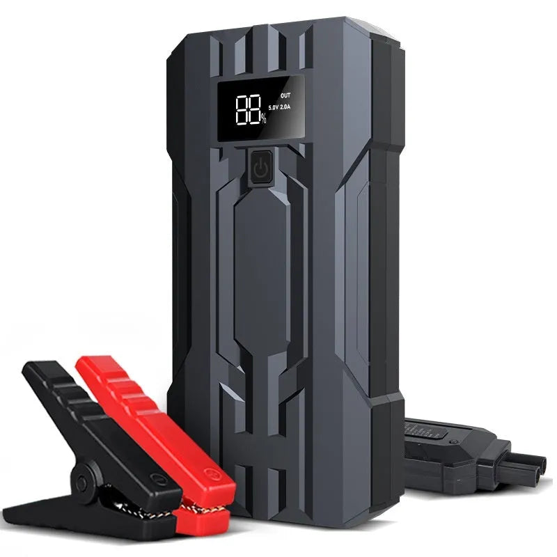 Portable 12V car jump starter 8000mAh with dual USB ports, LED light and 160x79x28mm size