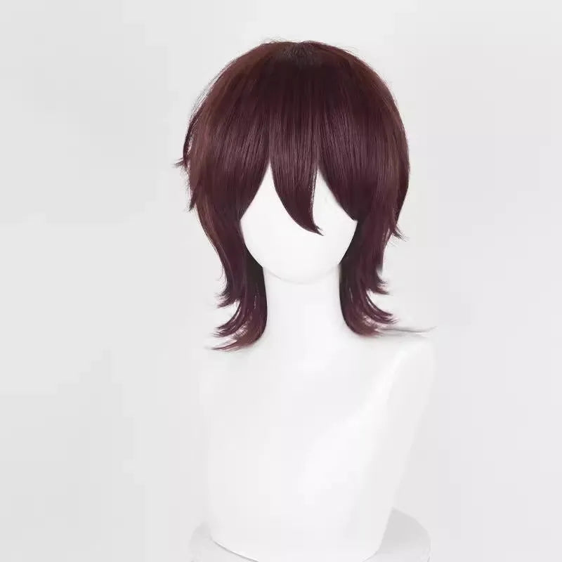 Short black anime-style cosplay wig for men on a stand