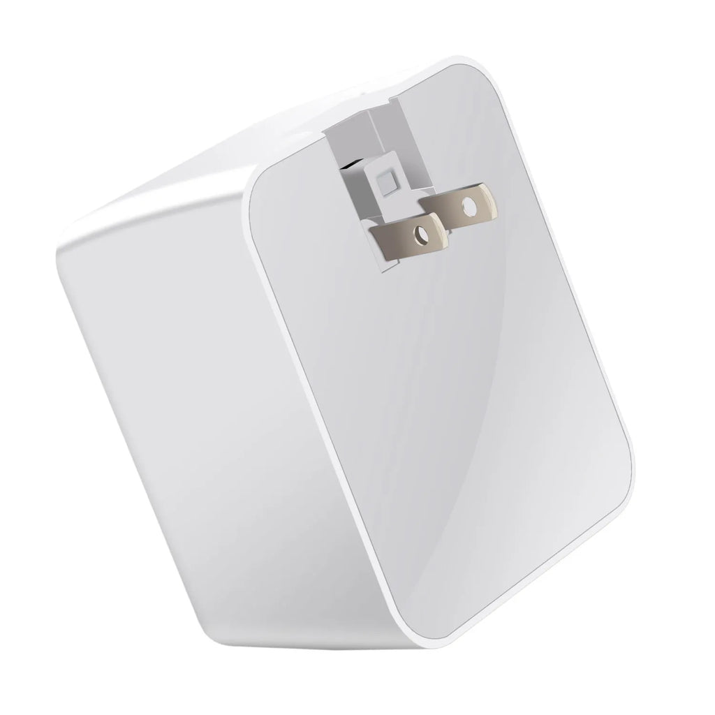 White 4-port travel fast charger with QC3.0 and Type-C ports measuring 80x48x65mm