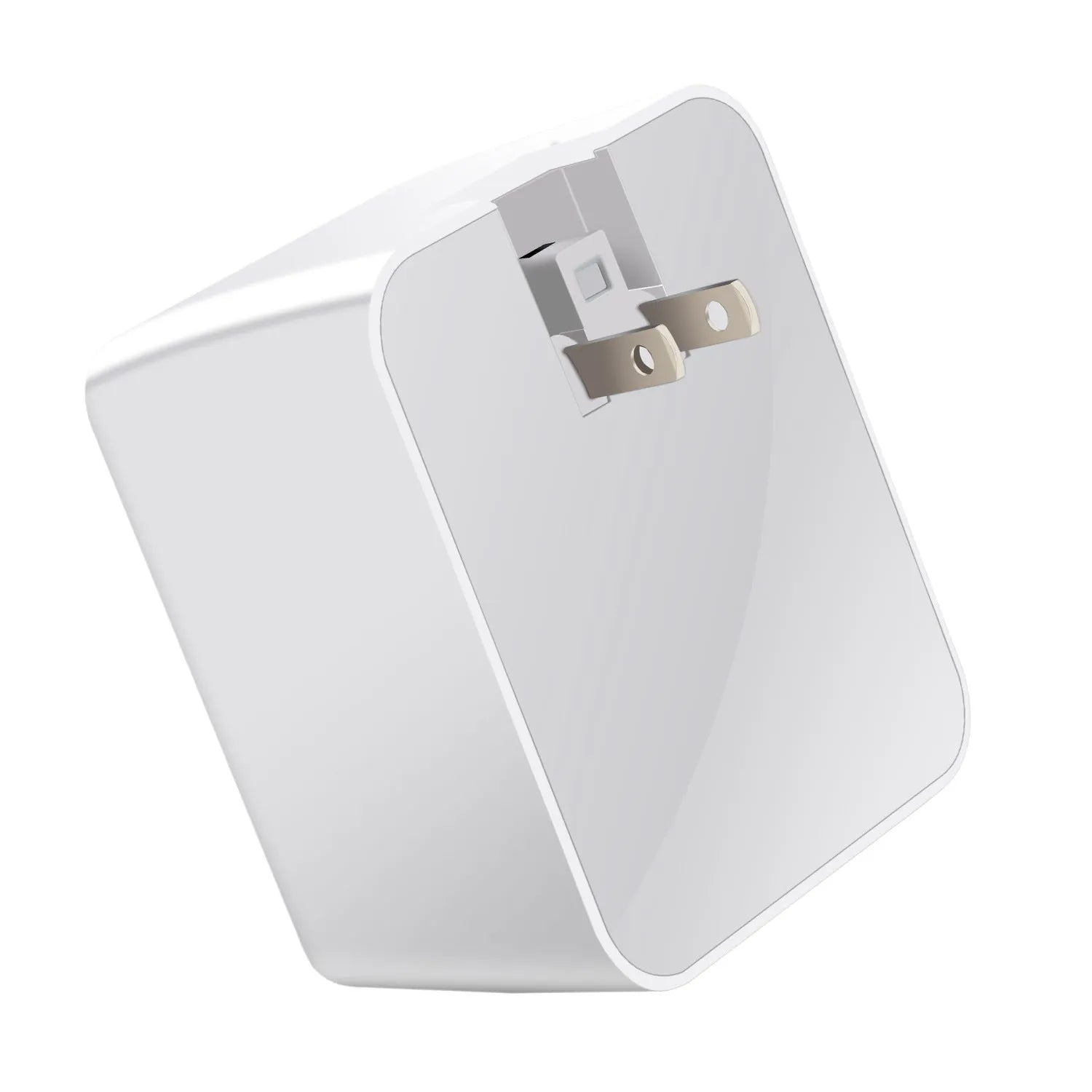 White 4-port travel fast charger with QC3.0 and Type-C ports measuring 80x48x65mm
