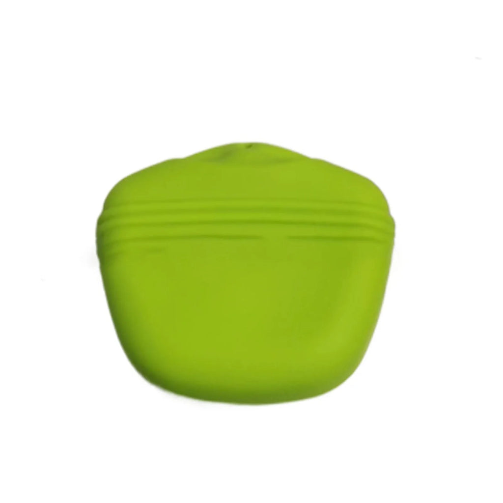 Silicone dog treat bag with magnetic closure measuring 12.5cm long, shown attached to belt with treats visible inside