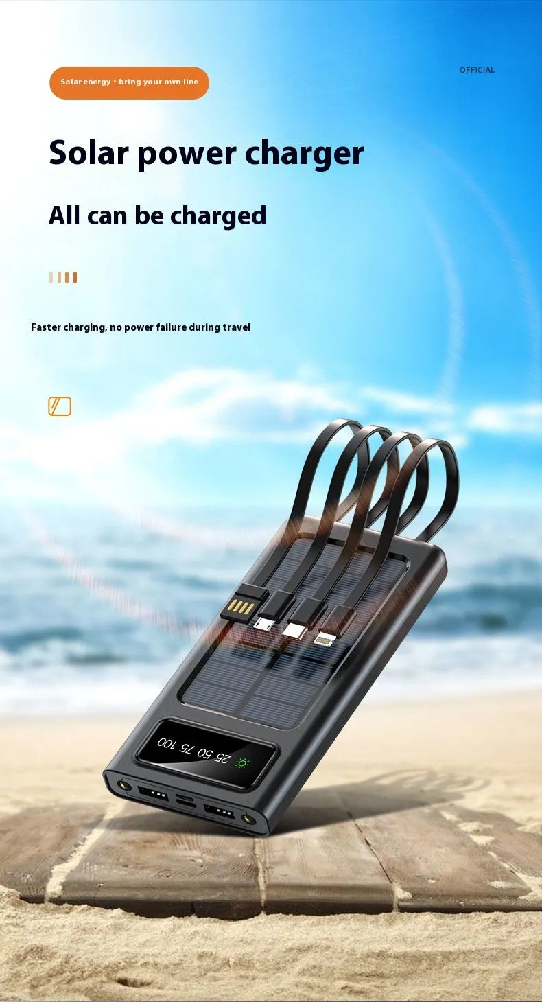Black solar power bank with integrated charging cables showing 20000mAh capacity label