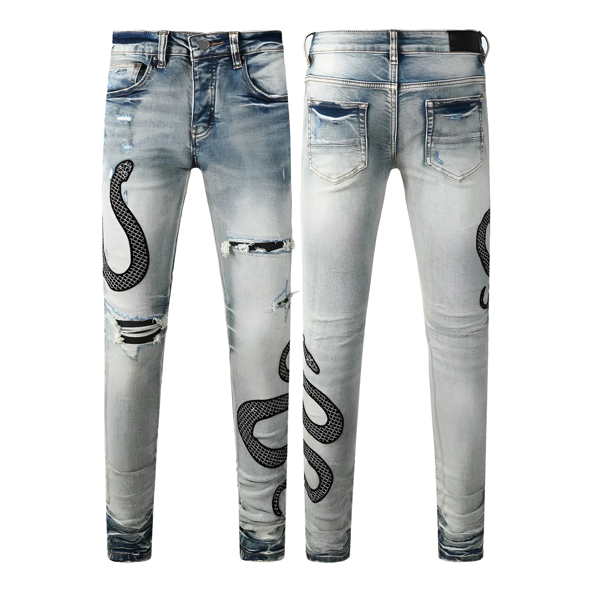 Blue distressed skinny jeans with a button fly on a mid-rise waist.