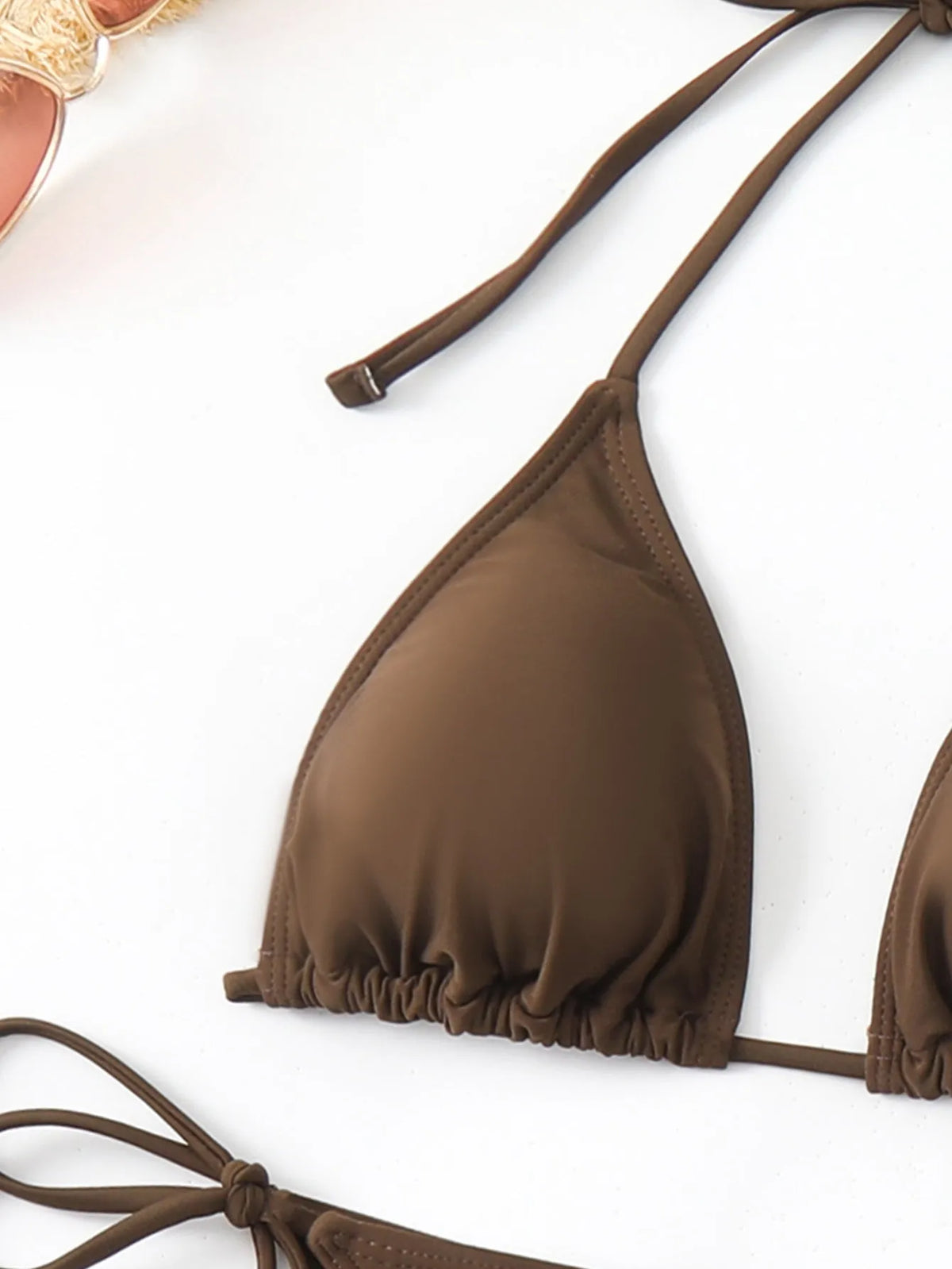 Women's three-piece brown swimsuit set with bra, shorts, and blouse, nylon lining, sizes S M L.