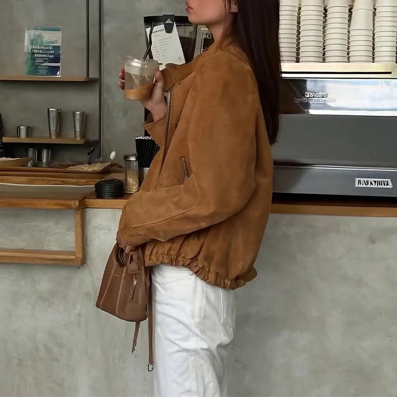 European and American retro solid colour loose-fit jacket with long sleeves in polyester