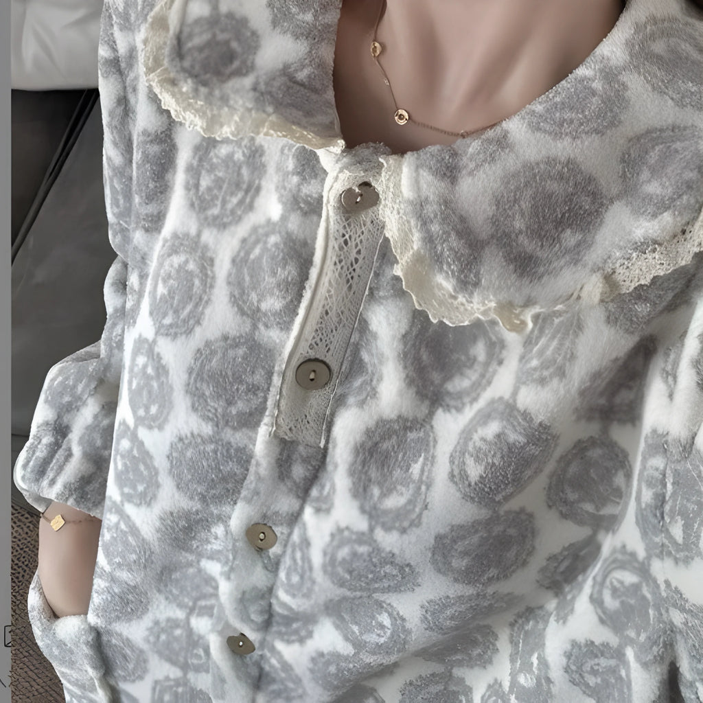 Women's jacquard velvet pyjama set in Rococo Gray, long sleeve top and trousers, size M-3XL, warm loungewear.