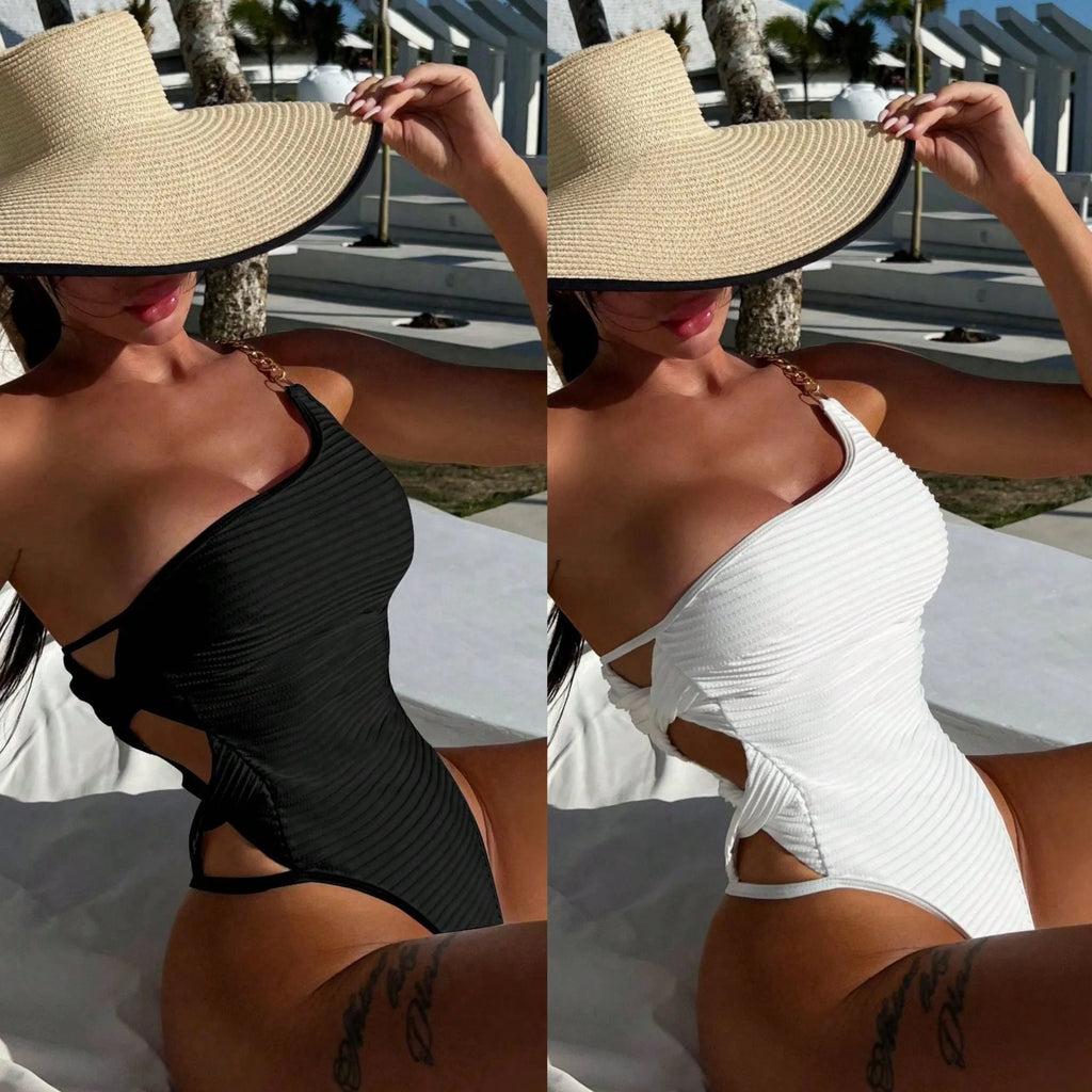 Women's solid colour one-piece swimsuit in polyester fabric available in beige or black