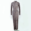 Leopard print women's dress with stand collar, long sleeves, and high waist hip skirt design