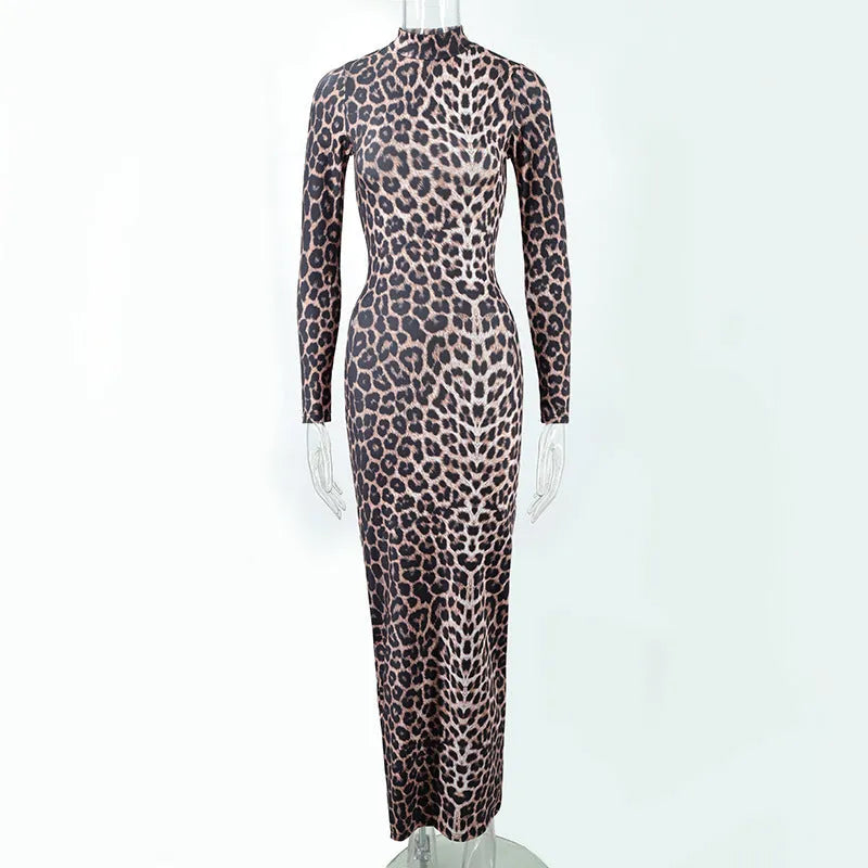 Leopard print women's dress with stand collar, long sleeves, and high waist hip skirt design