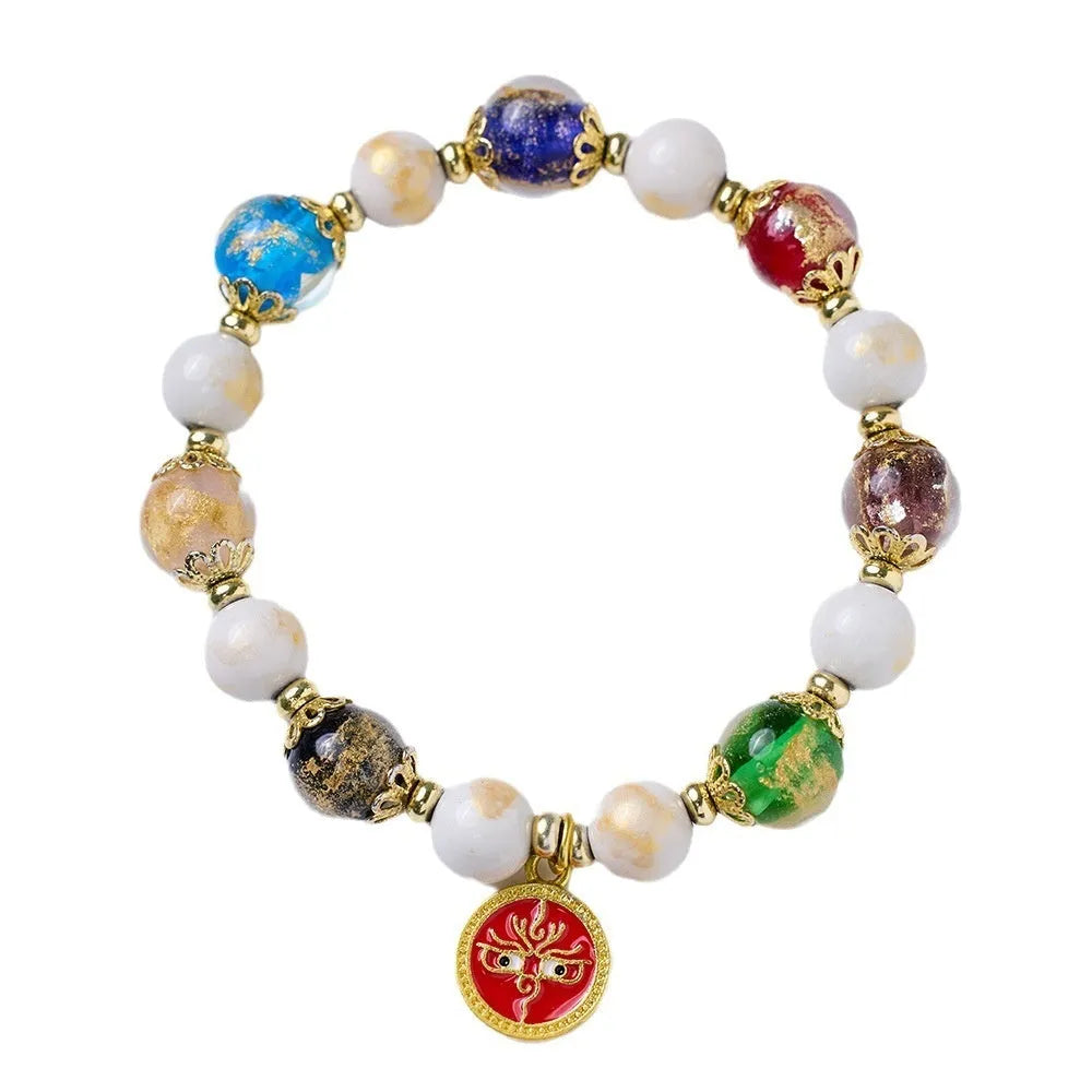 Handmade Five Gods of Wealth glazed bracelet in geometric 10mm design