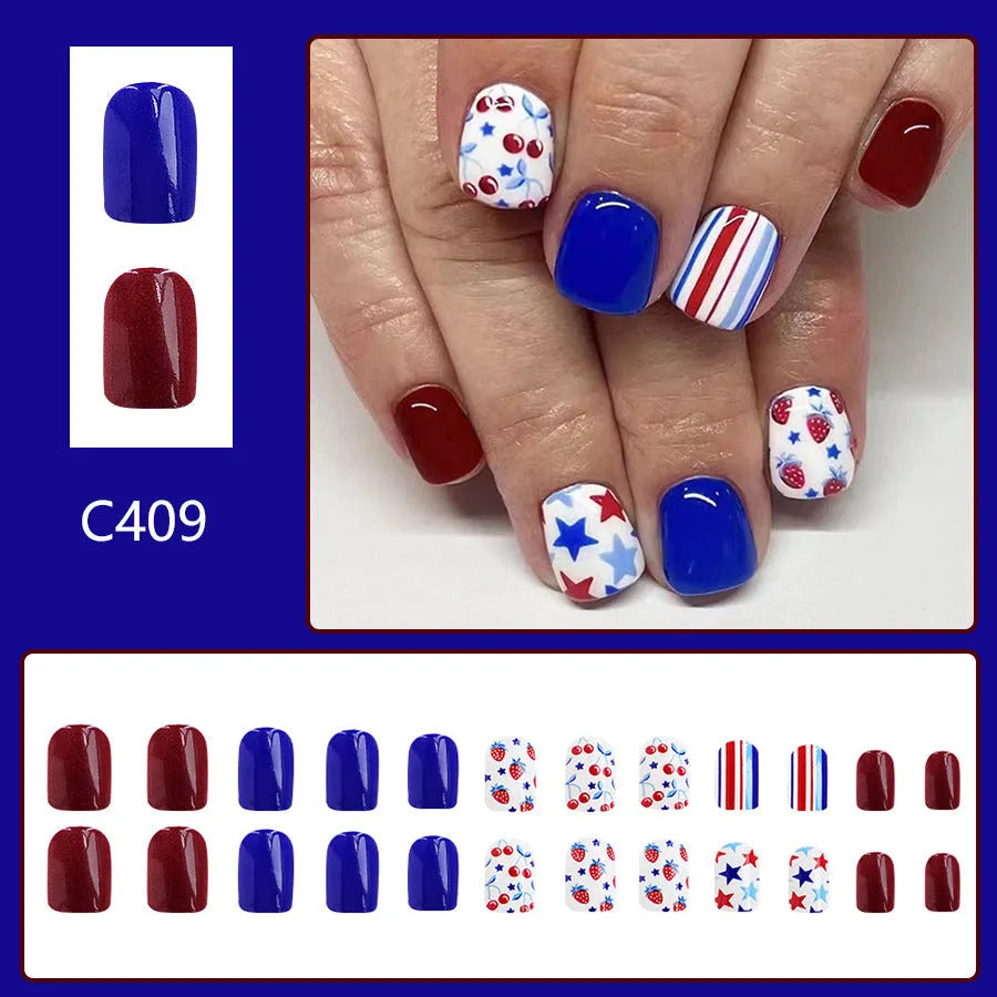 Short glossy nail stickers with strawberry and cherry patterns for Independence Day, 24-piece set