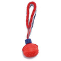 Blue dog ball with rope toy showing 6.5cm rubber ball and 29cm rope for dental cleaning and tugging games
