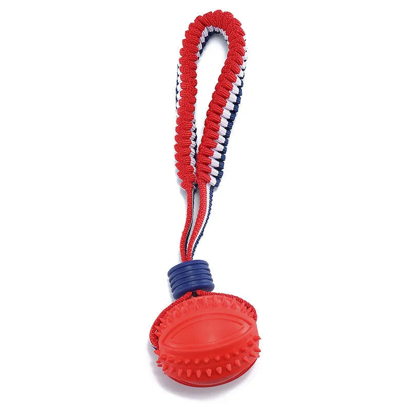 Blue dog ball with rope toy showing 6.5cm rubber ball and 29cm rope for dental cleaning and tugging games