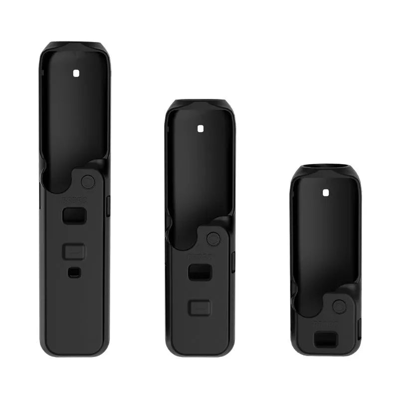 Black silicone protective sleeve for a PTZ camera body, shown alongside red and orange versions.