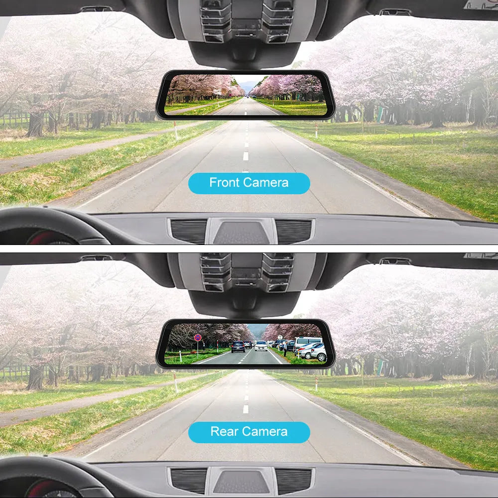 9.66-inch touchscreen car dash cam with CarPlay and Android Auto mounted as a rear-view mirror.
