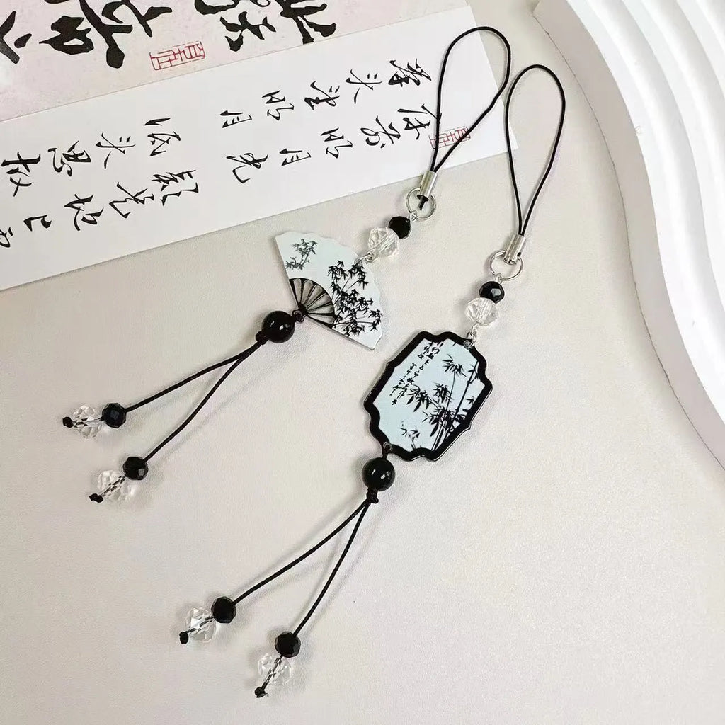 Guofeng beaded pendant keychain with Chinese-style plant and flower pattern, baking varnish finish