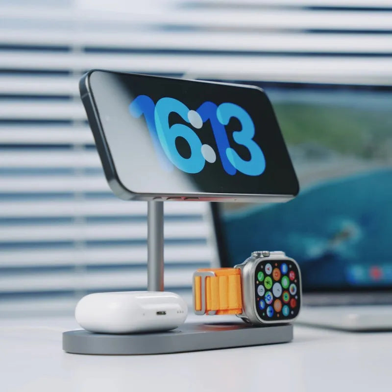 Magnetic three-in-one wireless charger in aluminium alloy with magnetic suction fixing, shown in carbon fibre, grain, gray, or silver