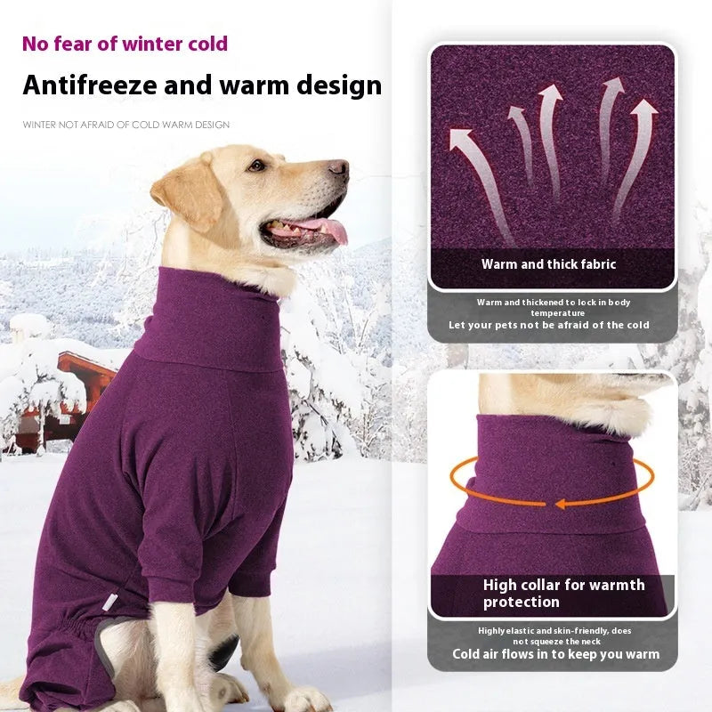 Dark grey polar fleece dog clothes with four legs and high collar design for winter wear