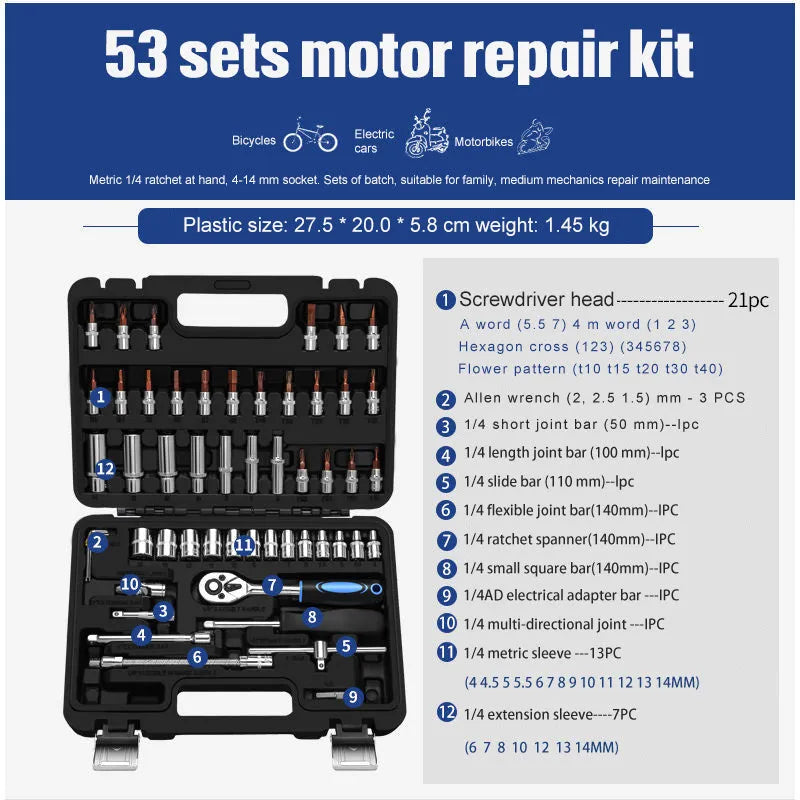 46-piece socket ratchet wrench set with Cr-V steel tools and nickel plating in a black storage box