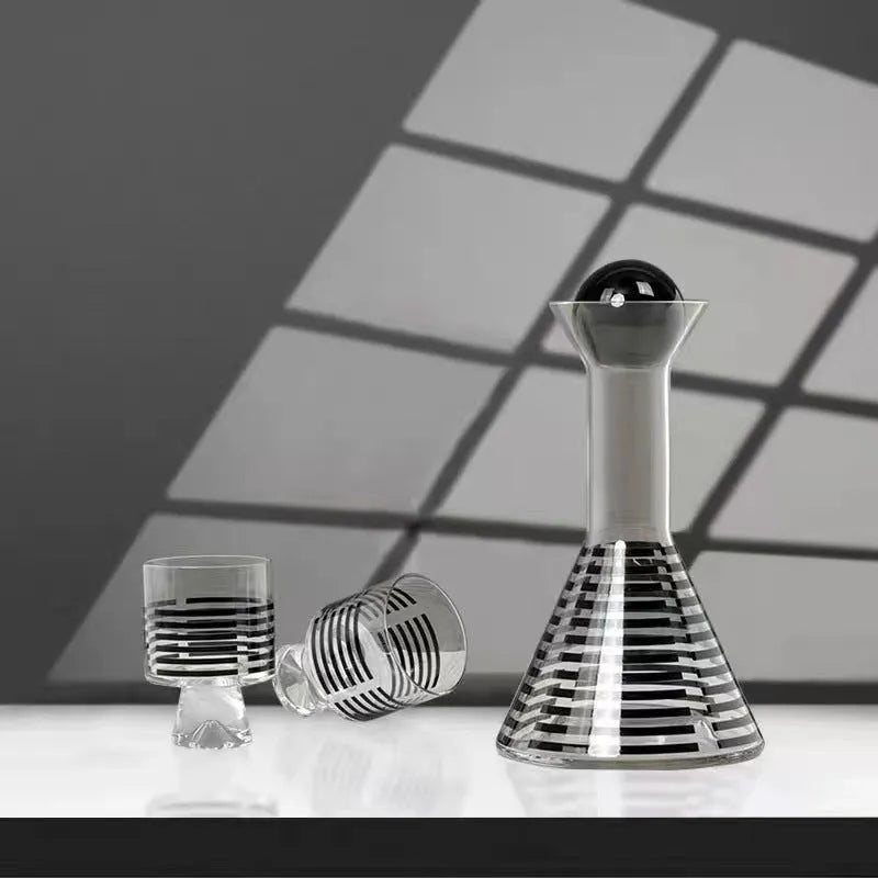 Black striped glass cold water bottle 1000ml with cover and two cups, modern simple style