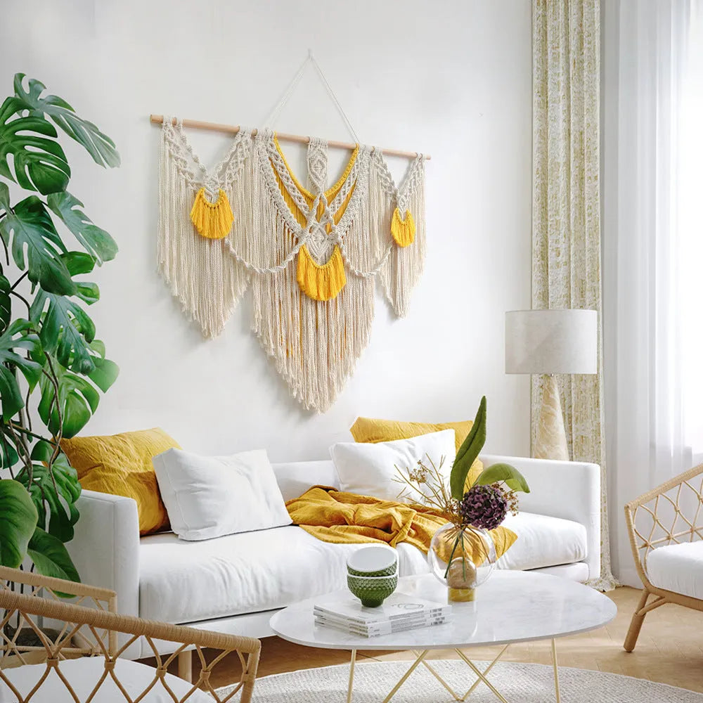 Hand-woven creamy-white cotton tapestry with rectangular shape measuring 120 by 95cm showing textured Nordic design