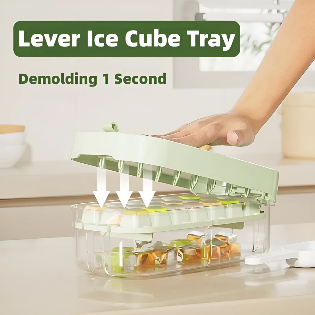 High capacity ice cube tray and ice box set in blue, green, purple, or yellow with included ice shovel