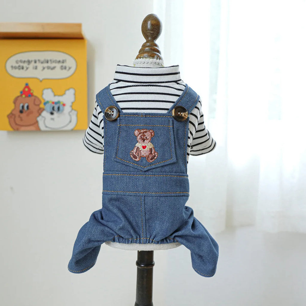 Cute bear dog overalls in polyester, XS to XL, chest 30-54cm and back length 20-40cm.