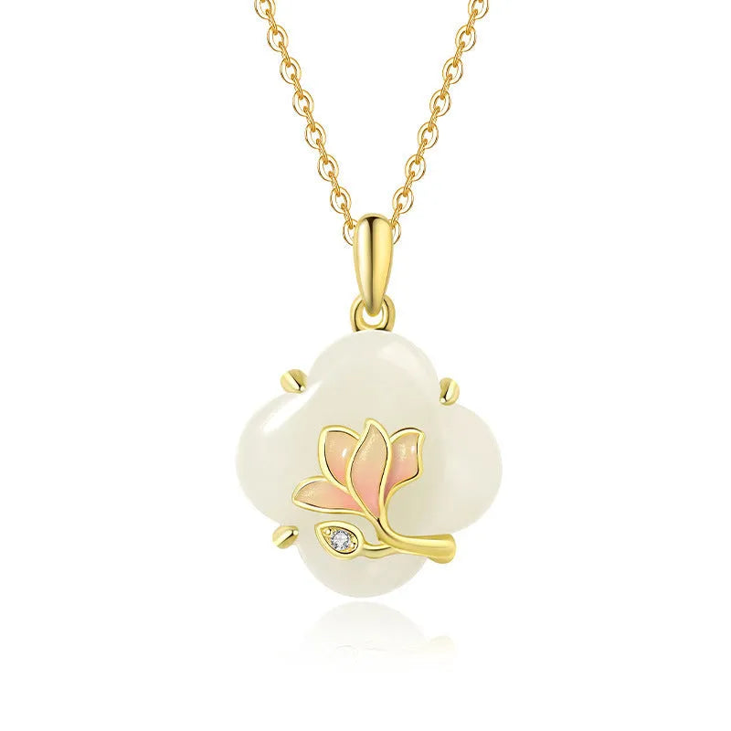 Women's S925 sterling silver necklace, bracelet, and earring set with magnolia flower pendant and inlaid Hetian jade.