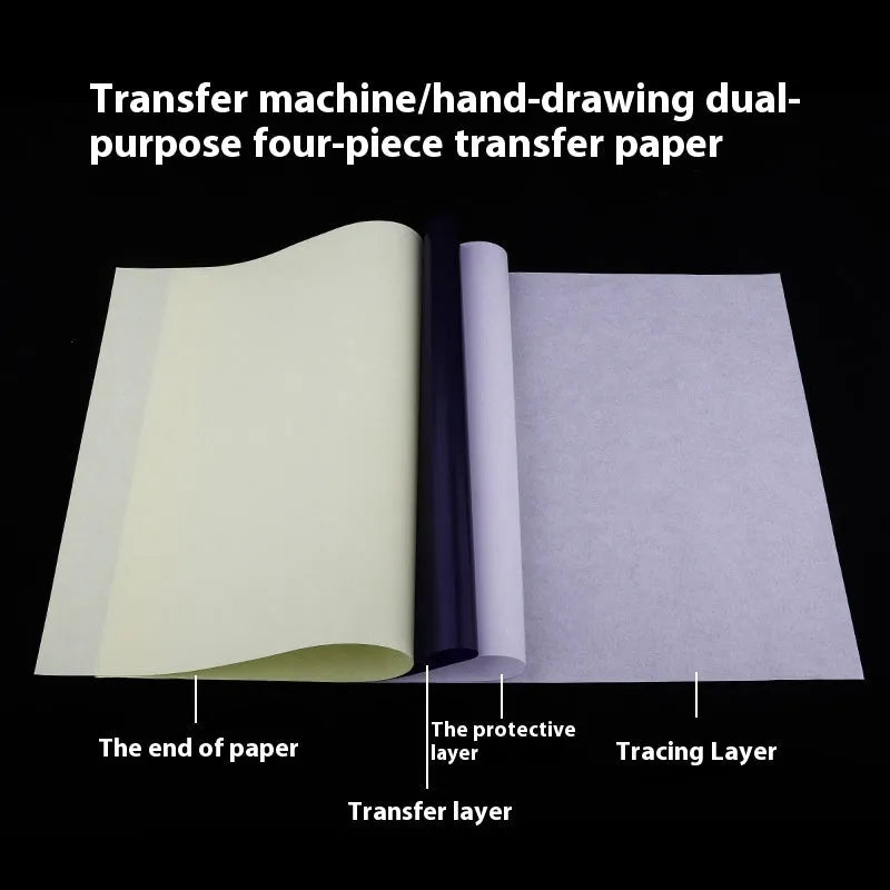 Tattoo transfer paper A4 sheets producing four copies from hand-drawn design with transfer paste gel
