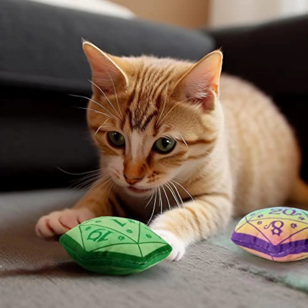 Dice-shaped plush cat toy in various colours with D&D design for feline play