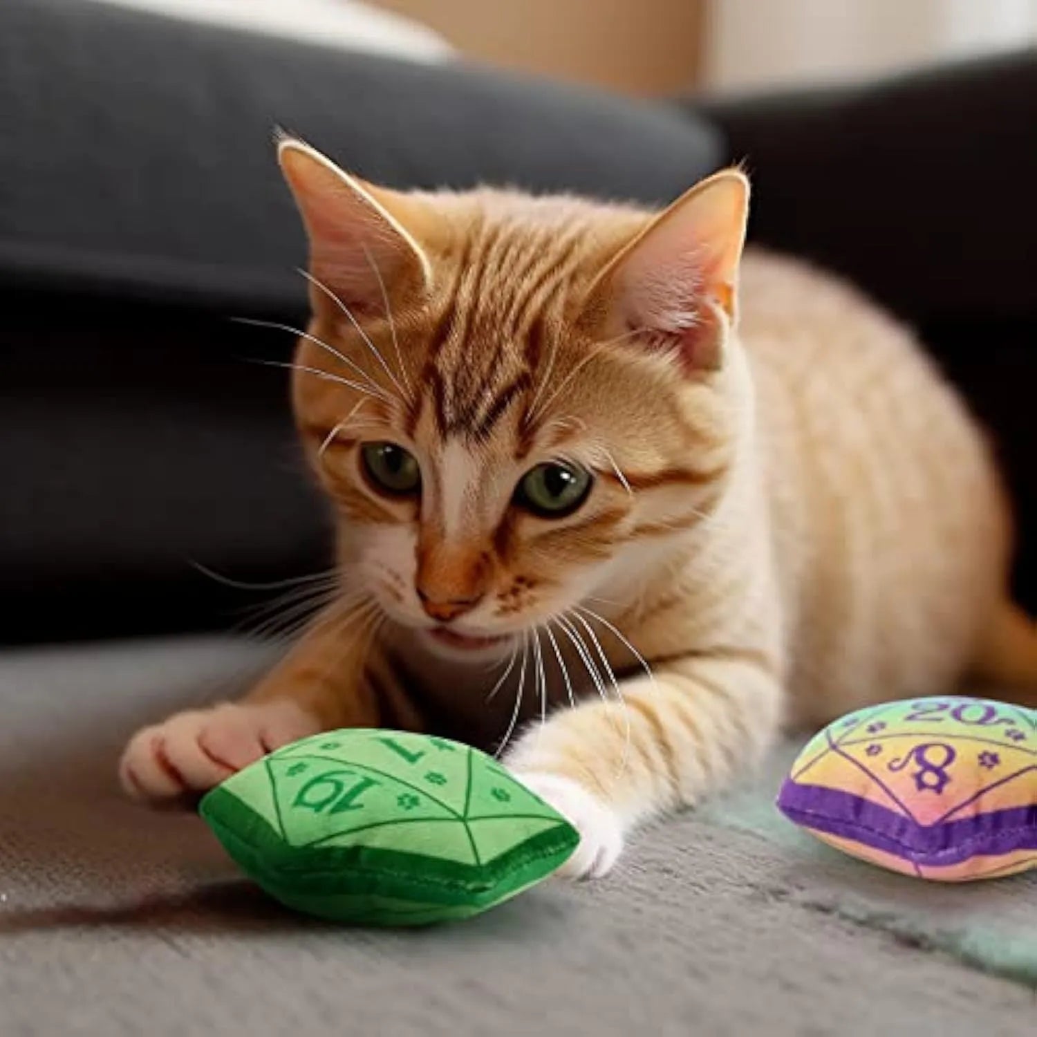 Dice-shaped plush cat toy in various colours with D&D design for feline play