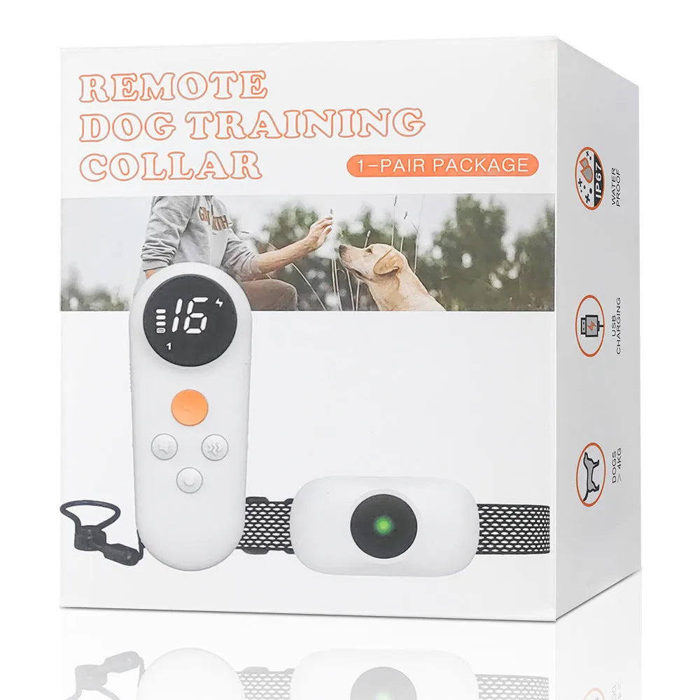 Colour screen bark stopper dog trainer in black or white with ABS housing, chain ring and rope included