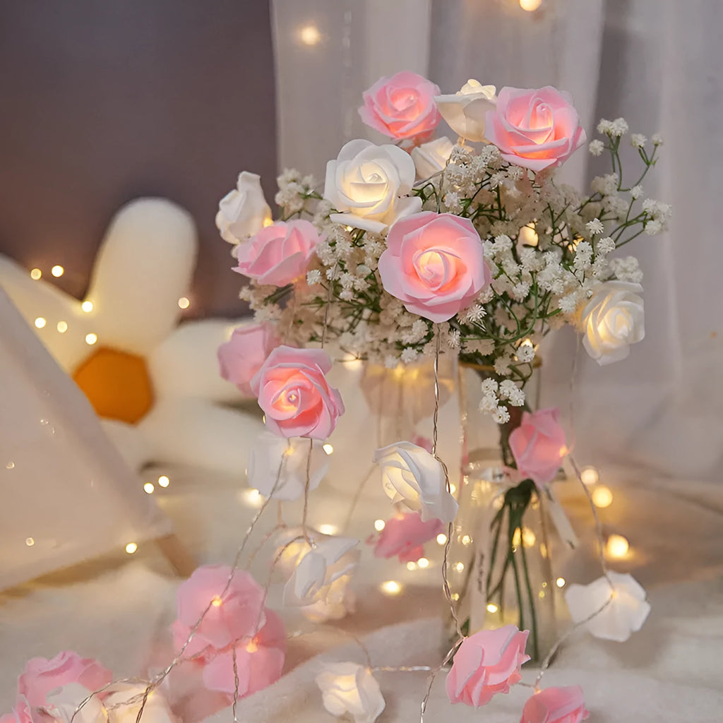 Battery-powered LED rose lights with PV foam construction for indoor holiday decoration in multiple colour options