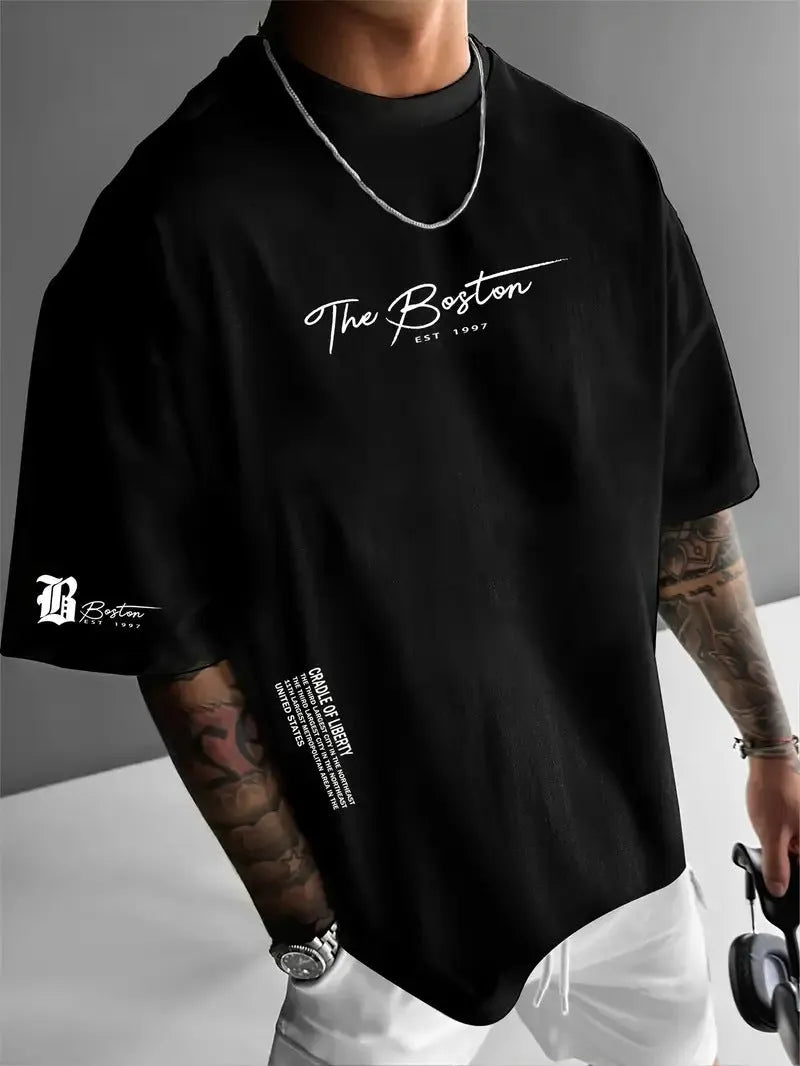 Men's loose letter print short sleeve t-shirt in polyester, round neck pullover, available in white black coral apricot.