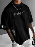 Men's loose letter print short sleeve t-shirt in polyester, round neck pullover, available in white black coral apricot.