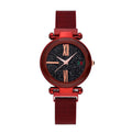 Women's decorative quartz watch with stainless steel magnet bracelet in rose gold colour, showing round dial and onion crown.