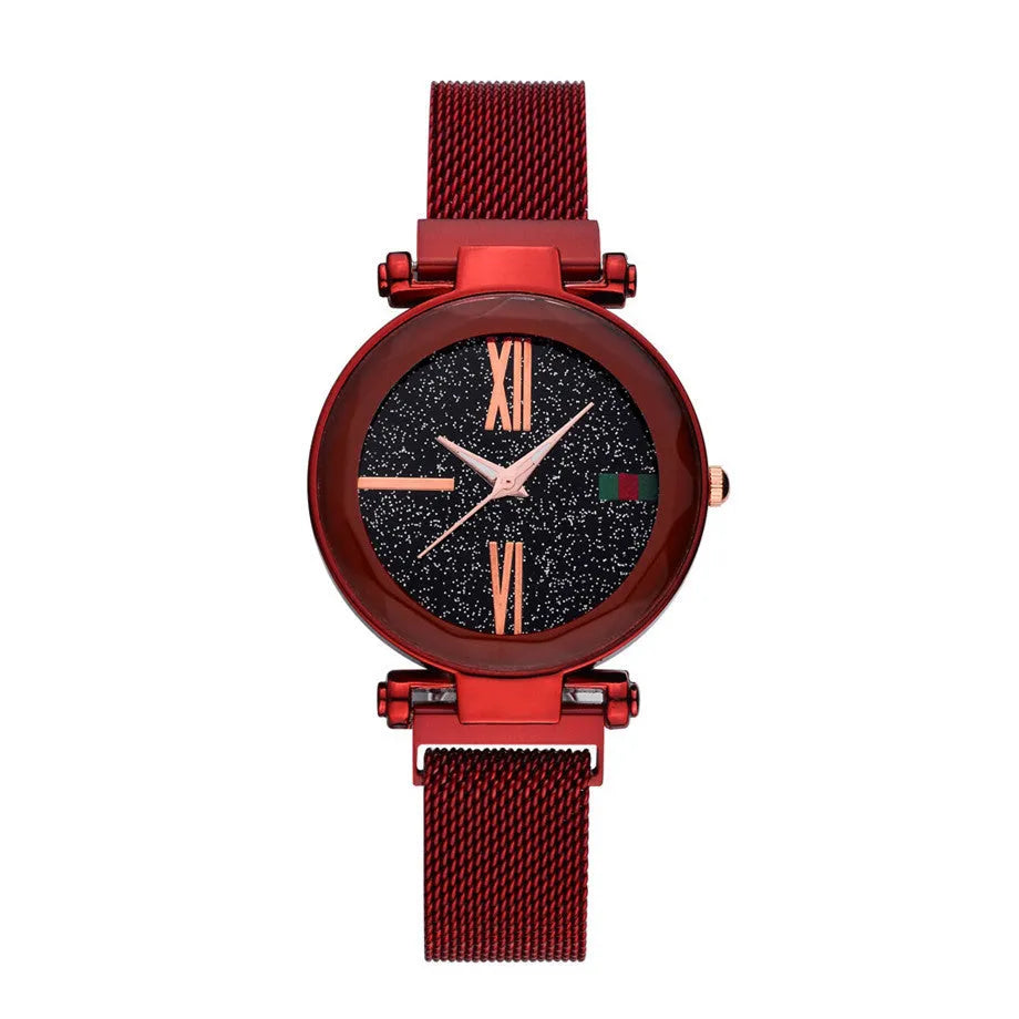 Women's decorative quartz watch with stainless steel magnet bracelet in rose gold colour, showing round dial and onion crown.