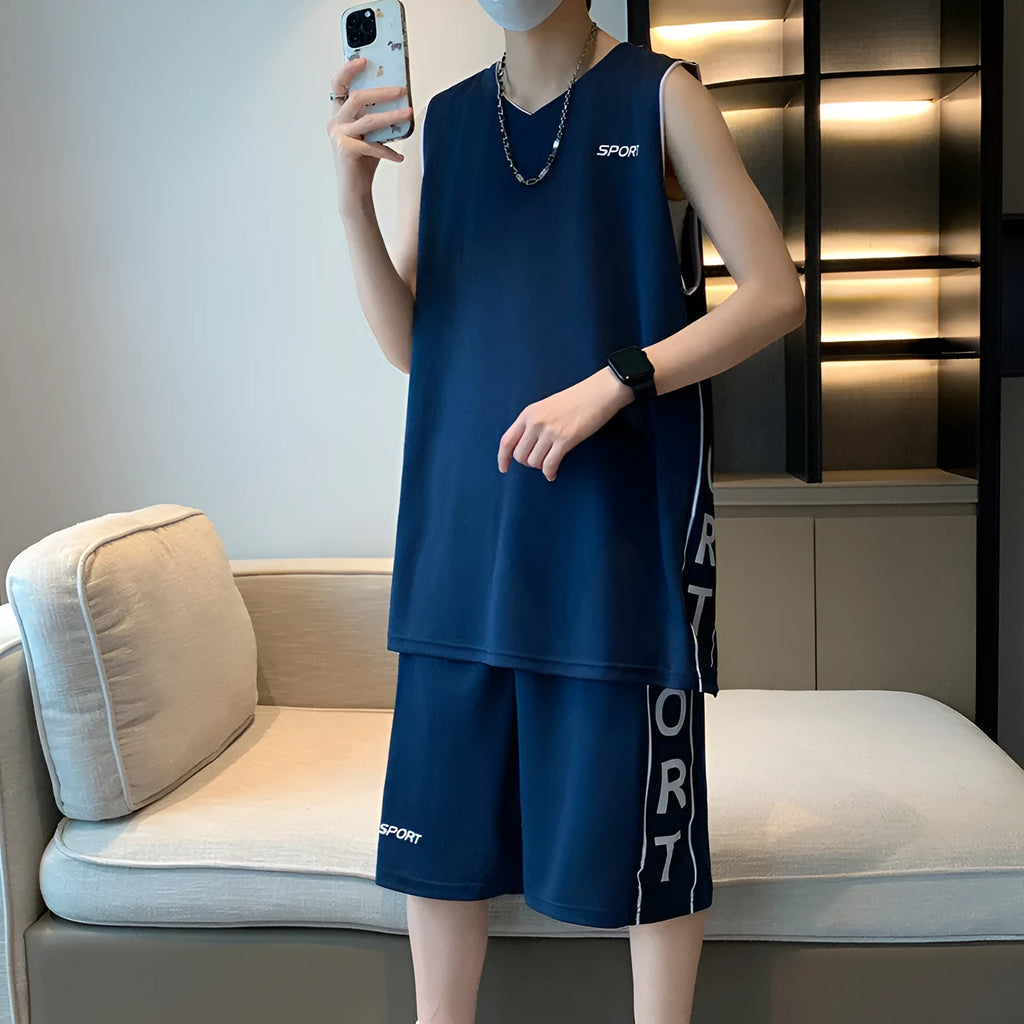 Basketball sports vest and shorts set in polyester mesh fabric showing sleeveless design