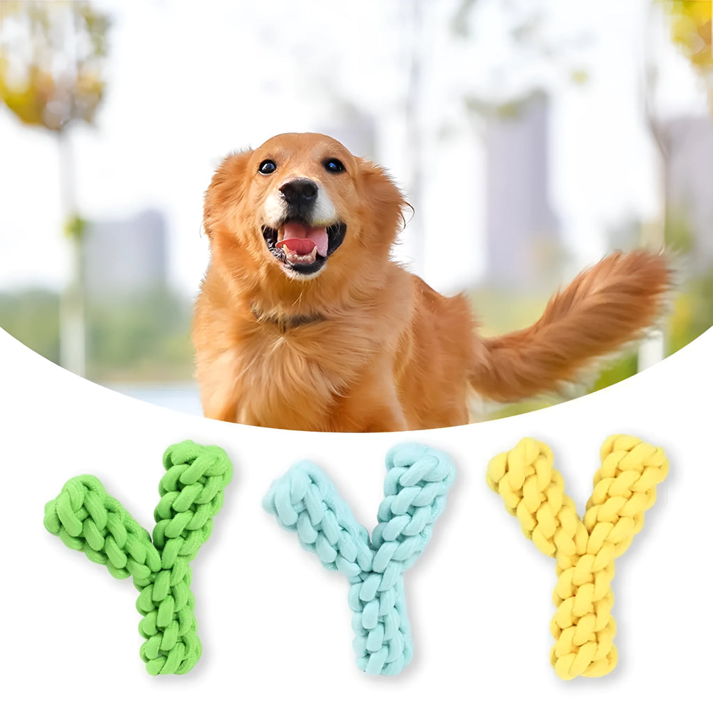 Blue Y-shaped cotton rope dog chew toy for large dogs on white background