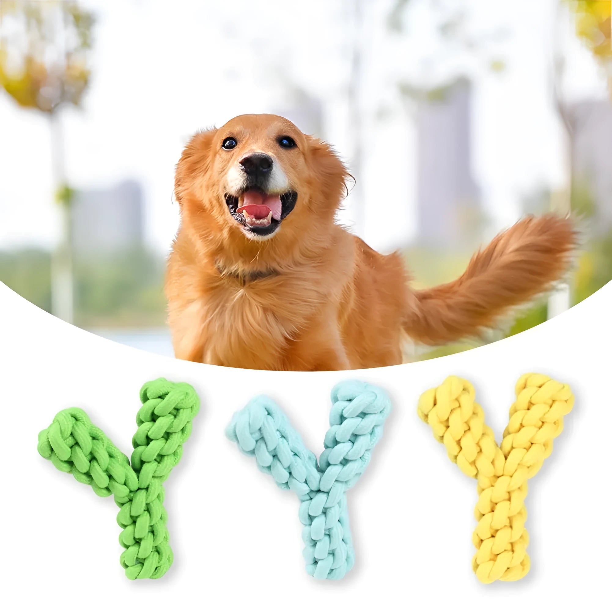 Blue Y-shaped cotton rope dog chew toy for large dogs on white background