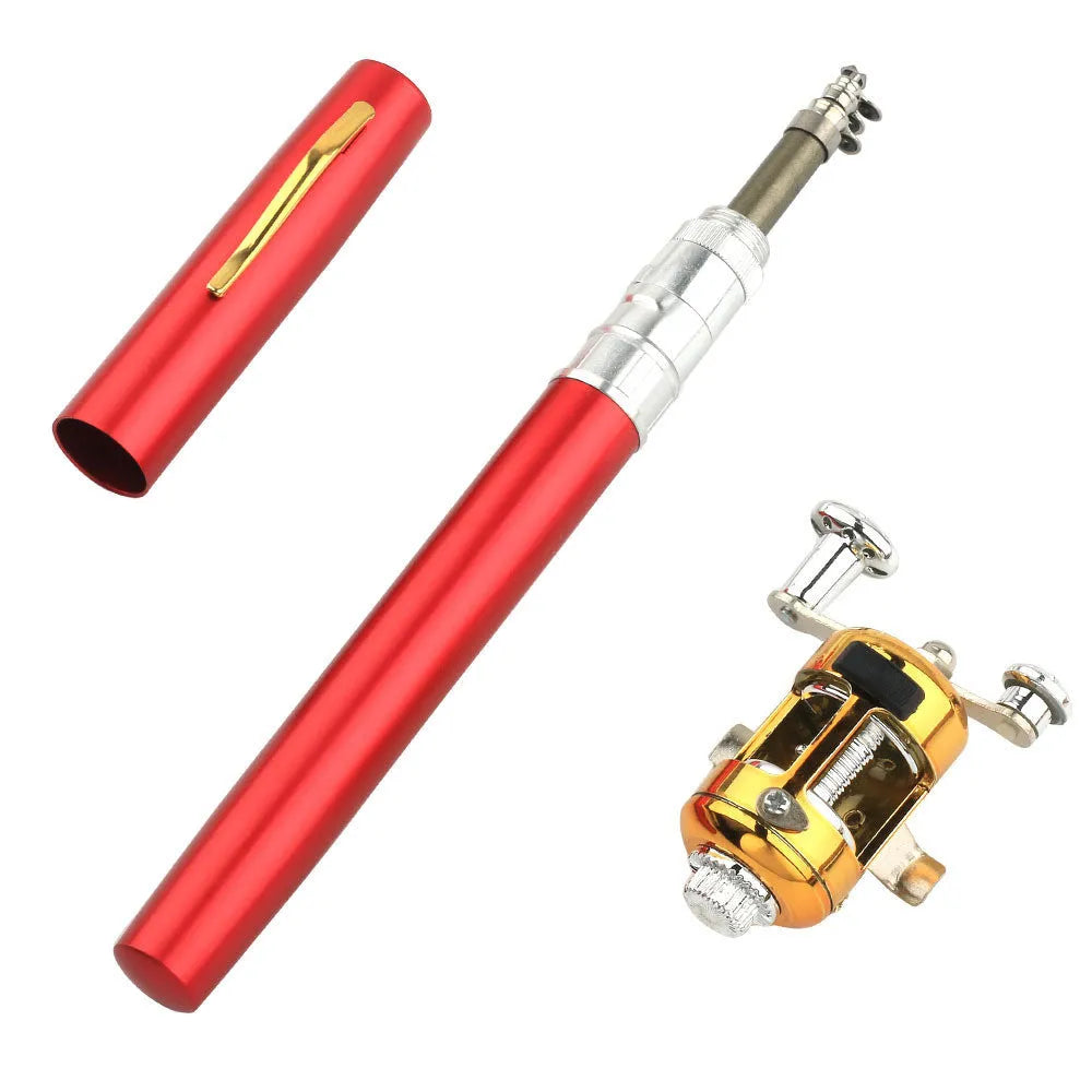 Telescopic fishing rod collapsed in aluminium alloy case beside extended 1m rod with drum attached