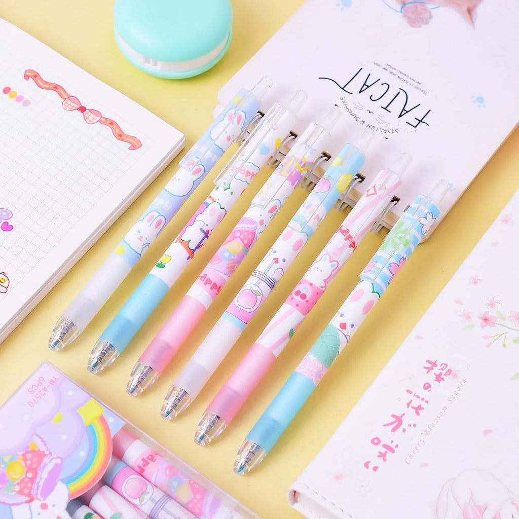 Six black ink signature pens with 0.5mm tips and cartoon bunny designs