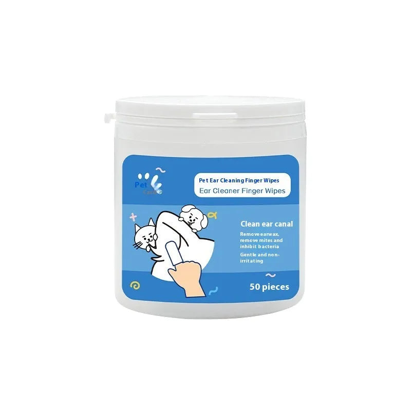 Box of disposable pet cleaning wipes showing ear and tooth wipes with fingertip design for cats and dogs