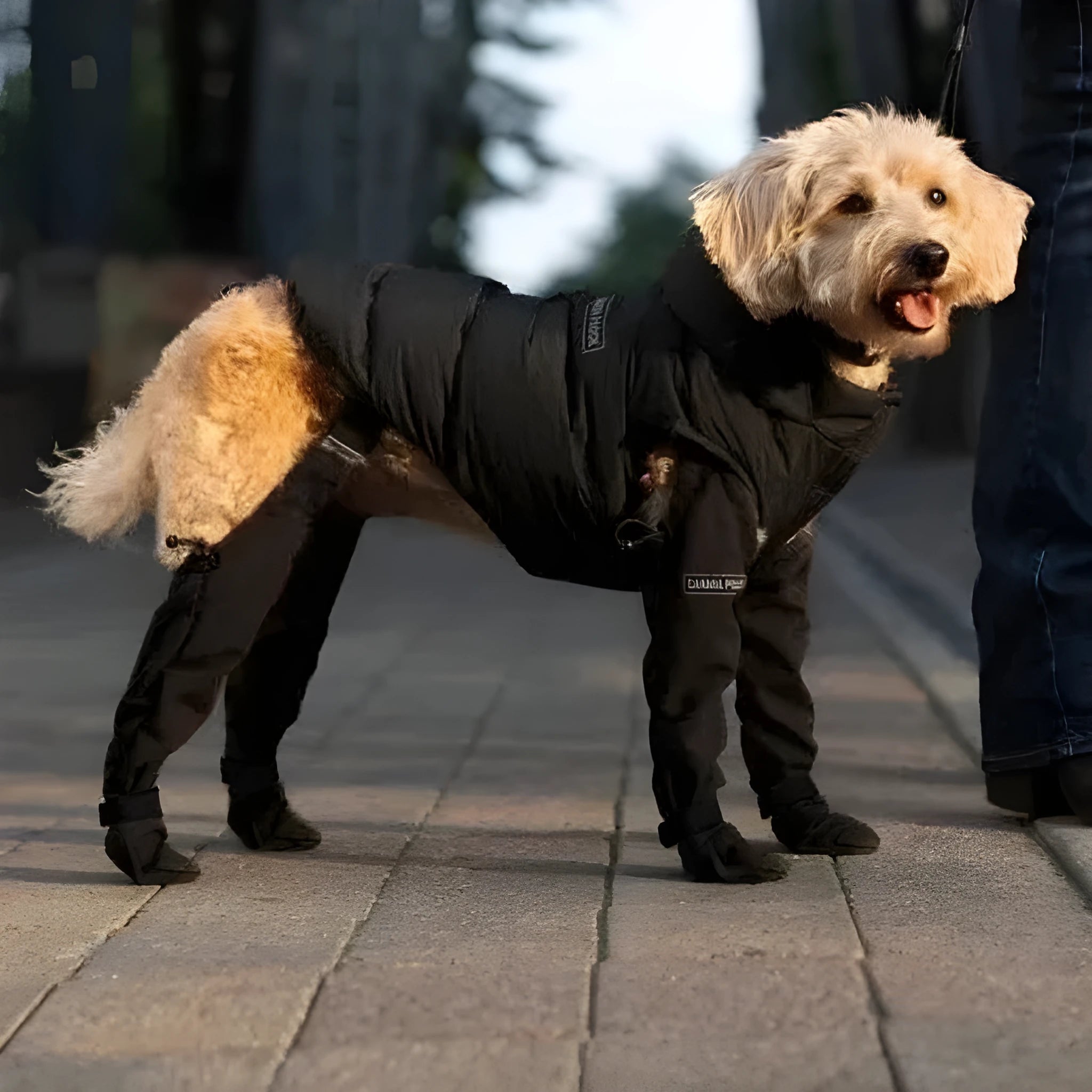 Black waterproof dog shoes with rubber soles and Velcro straps for paw protection