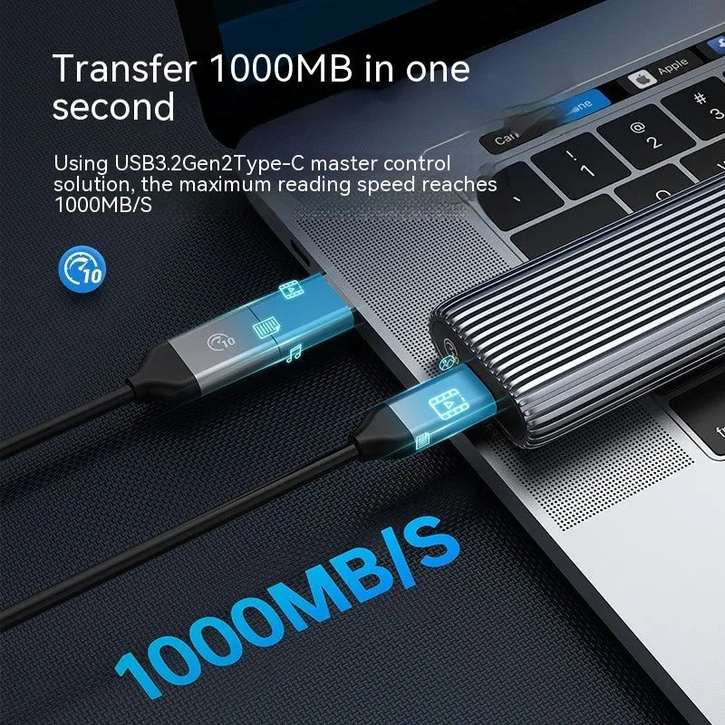 Aluminium external SSD enclosure for M.2 drives with data cable and cooling accessories