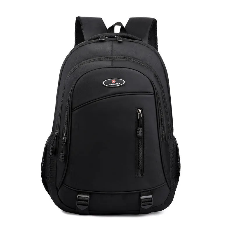 Waterproof nylon schoolbag for high school students with airpillow straps, shown in black, red, blue, and grey colour options.