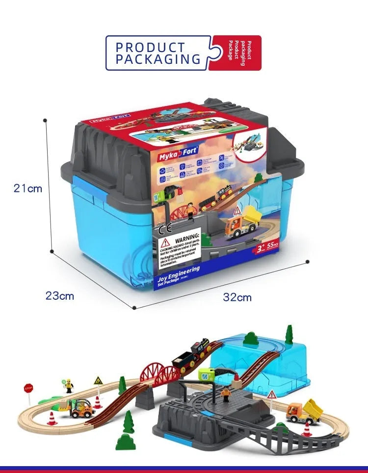 Wooden track train set with electric car head, beech and ABS pieces, free splicing track, and storage box for ages 4-6