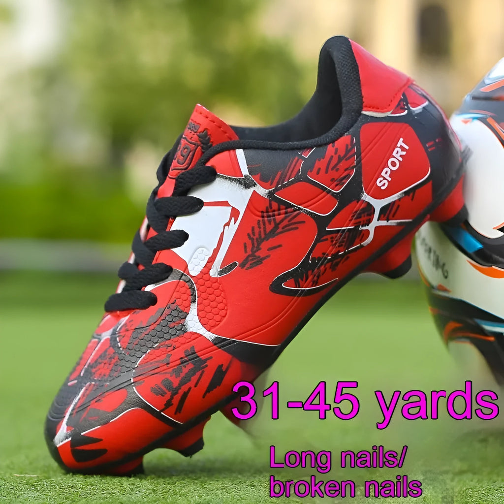 Low-top soccer shoes with synthetic leather upper, mesh lining, TPR sole, natural rubber outsole, in red, blue, or fluorescent green.