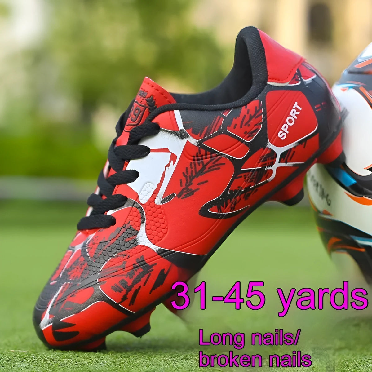 Low-top soccer shoes with synthetic leather upper, mesh lining, TPR sole, natural rubber outsole, in red, blue, or fluorescent green.